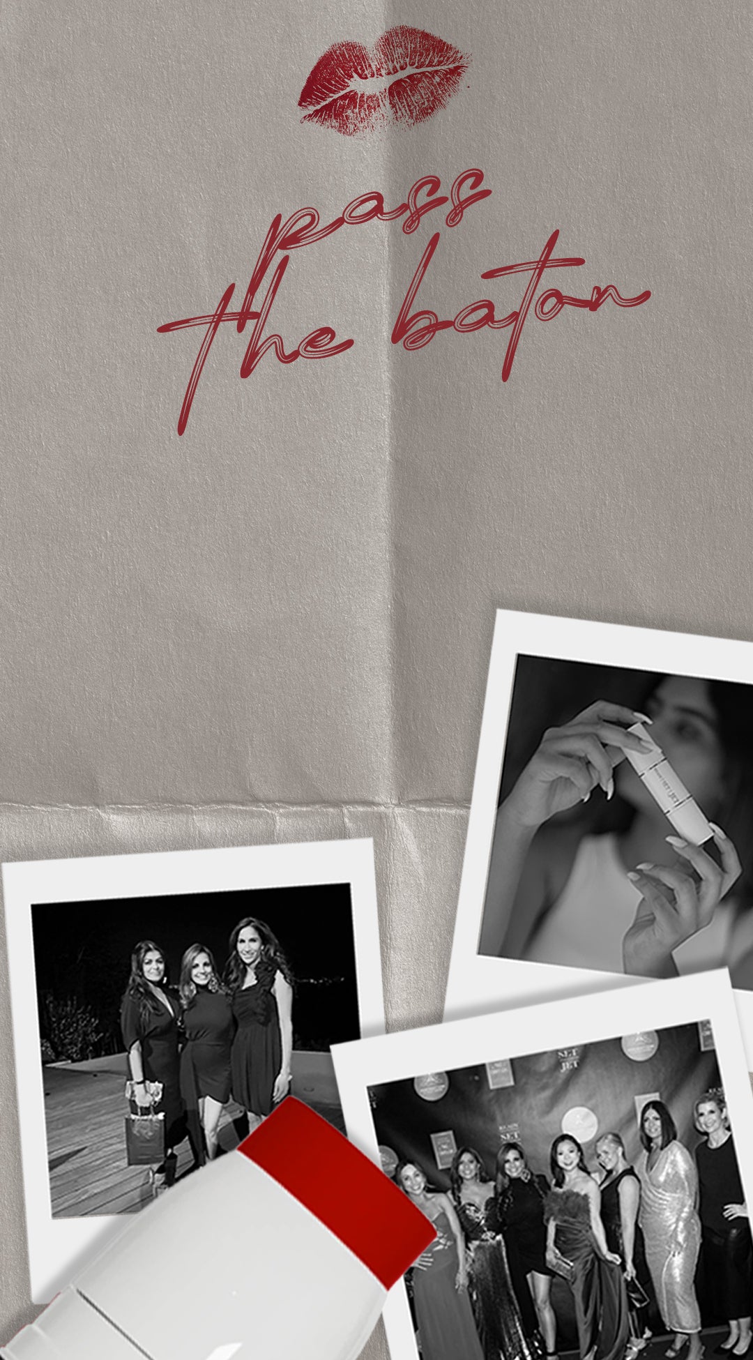 Collage of photos with a lipstick mark and 'pass the baton' text on a tan background